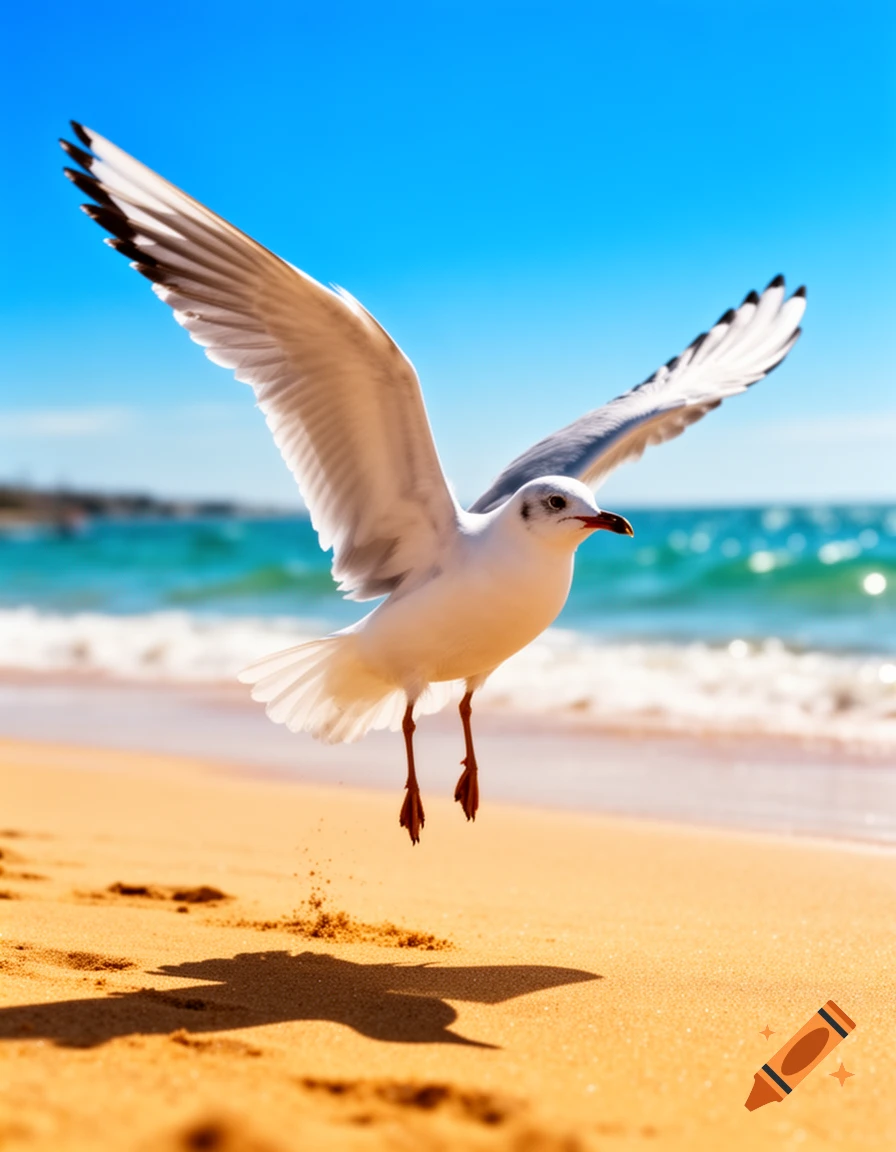 A photorealistic image of a white seagull with wings spread, landing on a sandy beach with the ocean and blue sky in the background.
