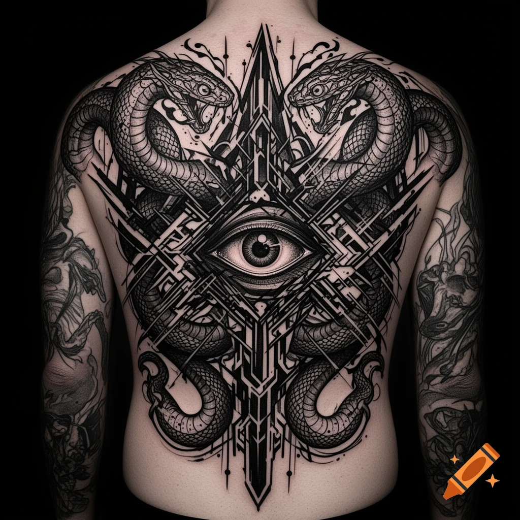 A detailed blackwork tattoo covering a person's back, featuring two roaring snakes, a central all-seeing eye, and intricate geometric patterns.