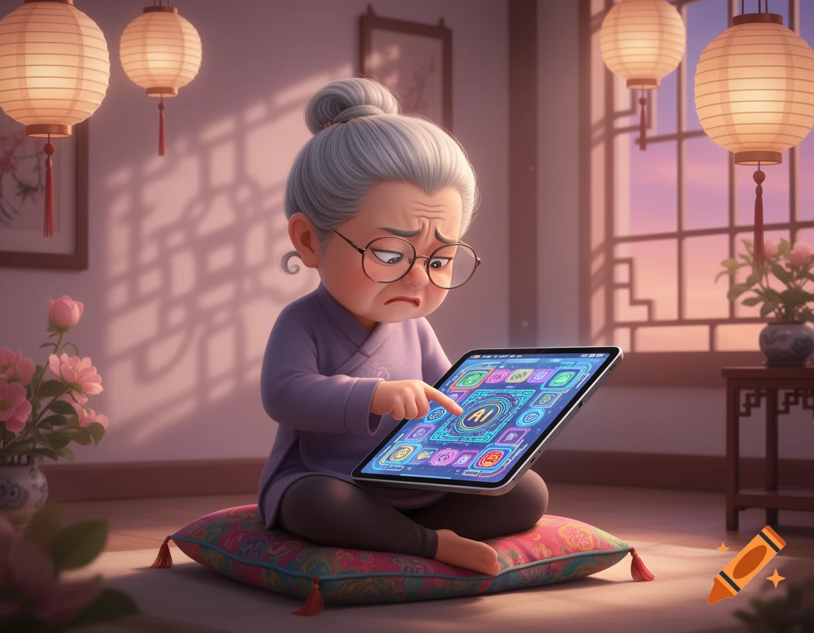 An animated elderly Chinese lady with a frustrated expression sits on a cushion, tapping a tablet screen displaying an 'AI' button, in a room with lanterns.