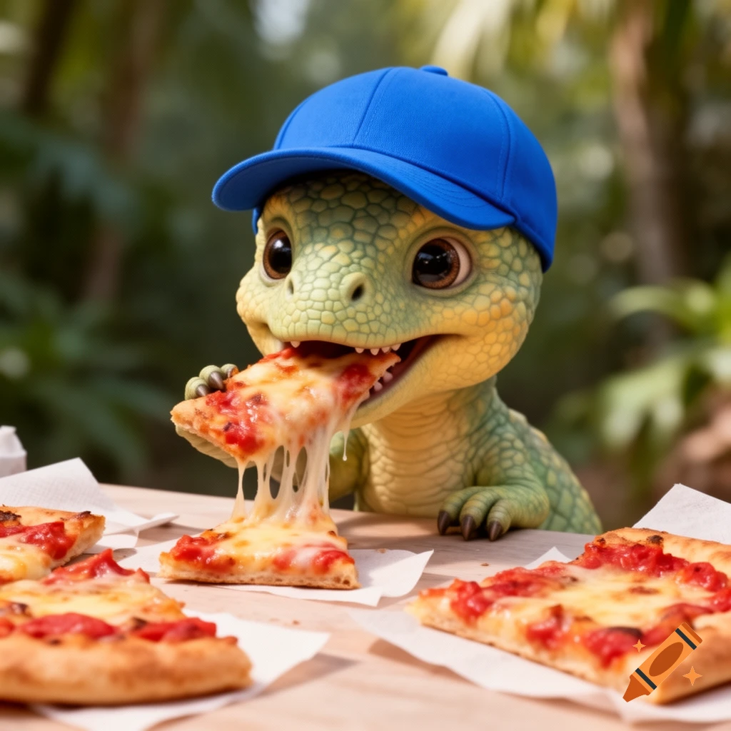 A cute baby dinosaur wearing a blue baseball cap eats a slice of cheesy pizza, with more slices on a wooden table.