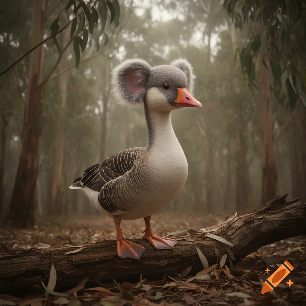 A photorealistic goose with koala ears and facial features stands on a fallen log in a misty eucalyptus forest.