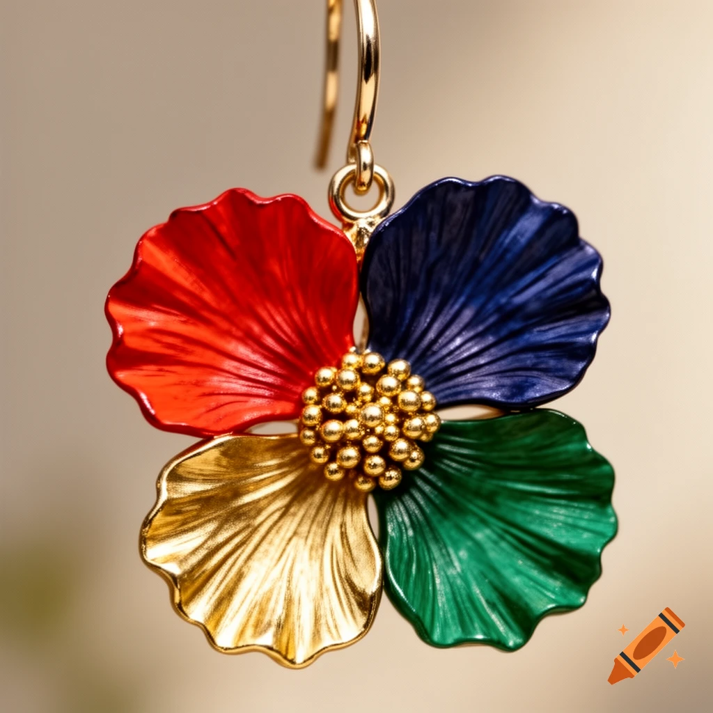 Close-up of a four-petal flower earring with red, blue, gold, and green enamel petals and a golden beaded center.