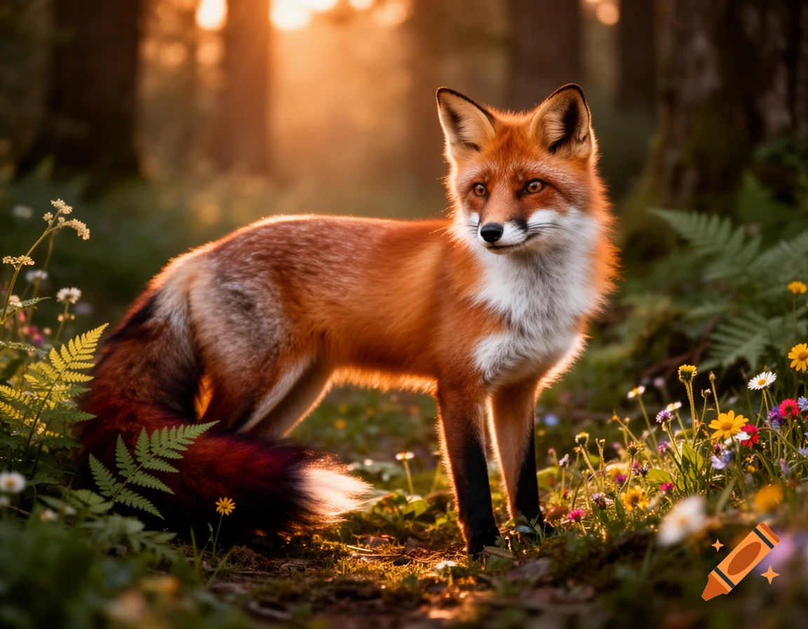 A photorealistic red fox with white chest and black paws stands in a sunlit forest clearing with wildflowers.