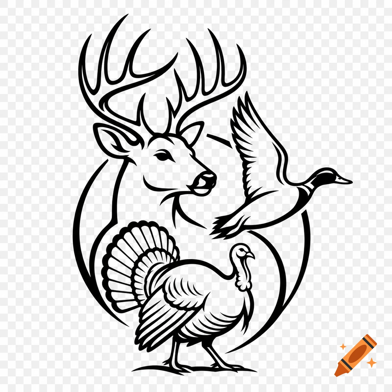 A minimalist black and white line art logo featuring a deer, a flying duck, and a strutting wild turkey arranged in a cohesive emblem.