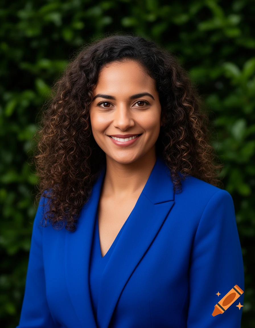 A smiling woman with dark curly hair and brown eyes wears a royal blue blazer against a blurred green foliage background.