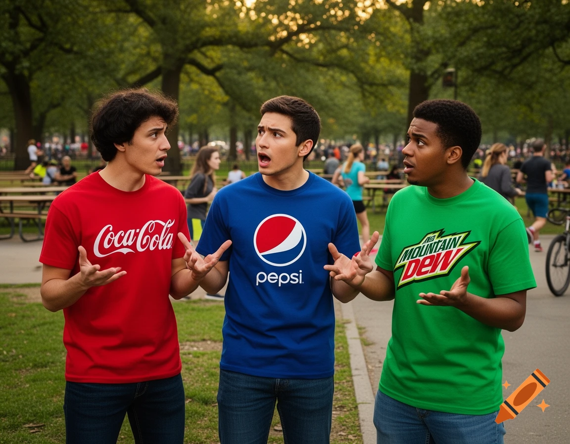 Three men in Coca-Cola, Pepsi, and Mountain Dew shirts argue in a park.