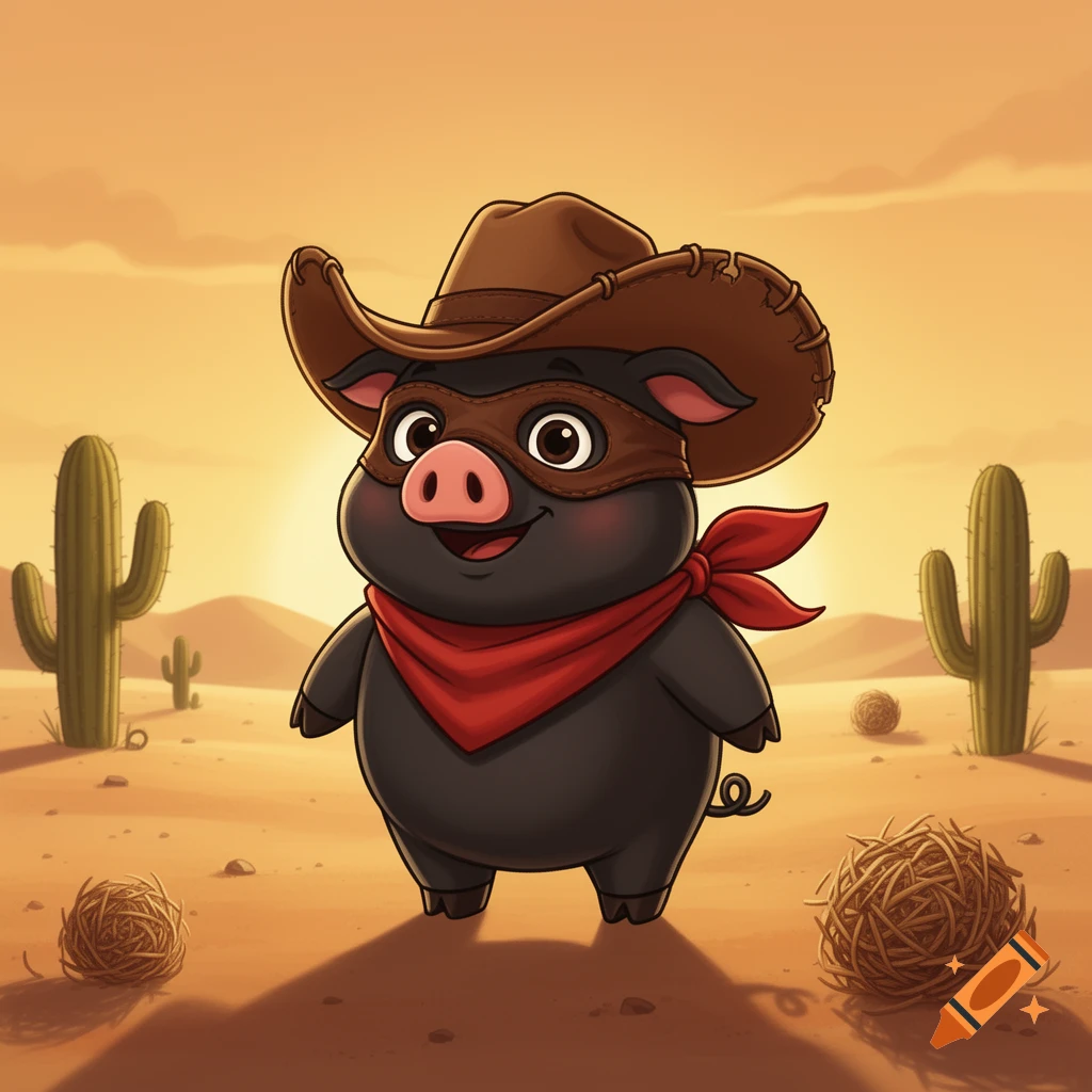 Cute black cartoon pig with a cowboy hat, bandit mask, and red bandana in a desert with cacti.