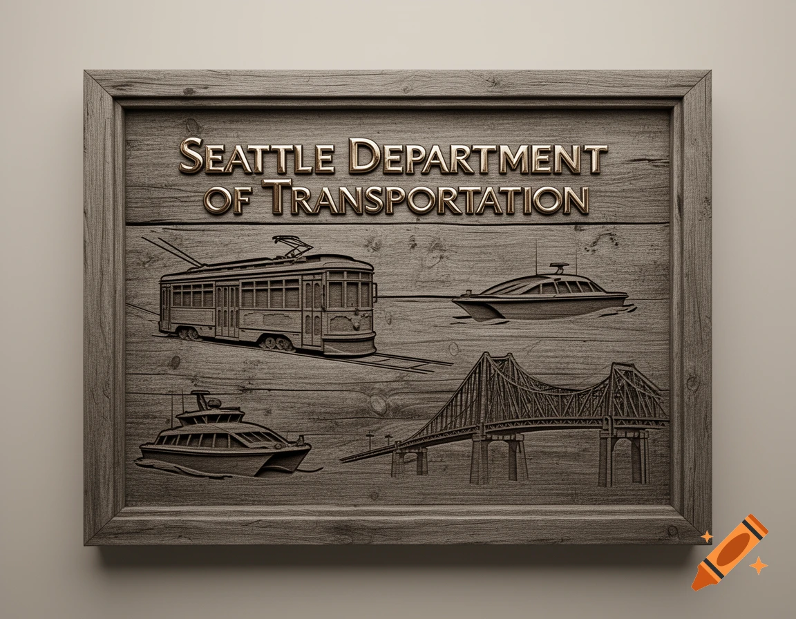 A framed rustic wood plaque with 'Seattle Department of Transportation' text and engravings of a streetcar, boats, and a bridge.