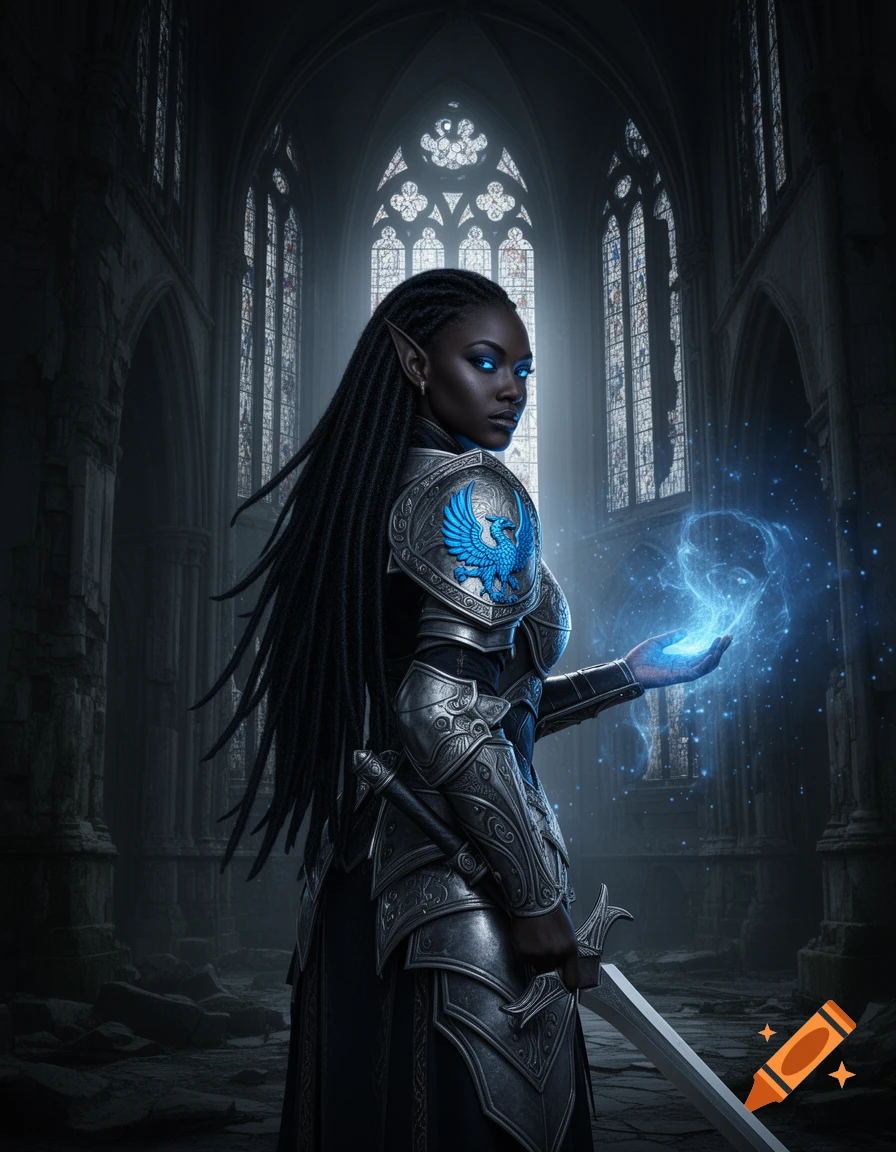 Dark-skinned drow elf warrior in silver armor with a blue griffin crest, casting blue magic in a gothic ruin, holding a sword.