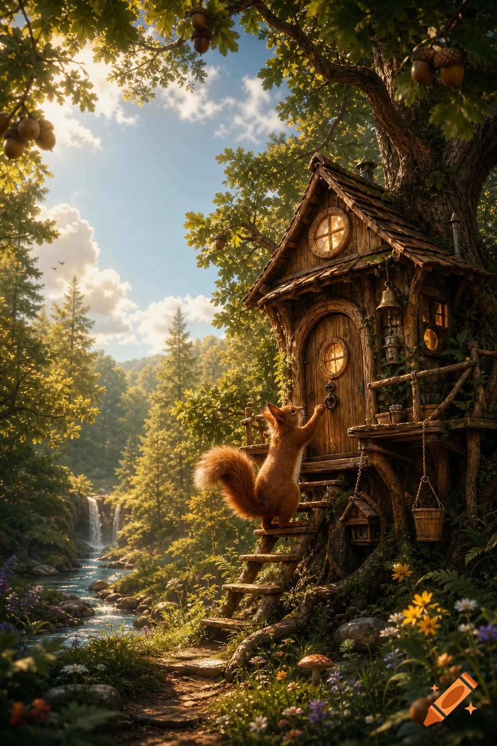A whimsical squirrel stands on wooden steps, reaching out to knock on the door of a detailed treehouse in a lush, sunlit forest with a waterfall.