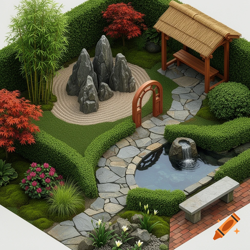 Isometric illustration of a contemporary Chinese-inspired garden with a winding stone path, rock garden, pond with waterfall, moon gate, thatched pergola, and diverse plants.