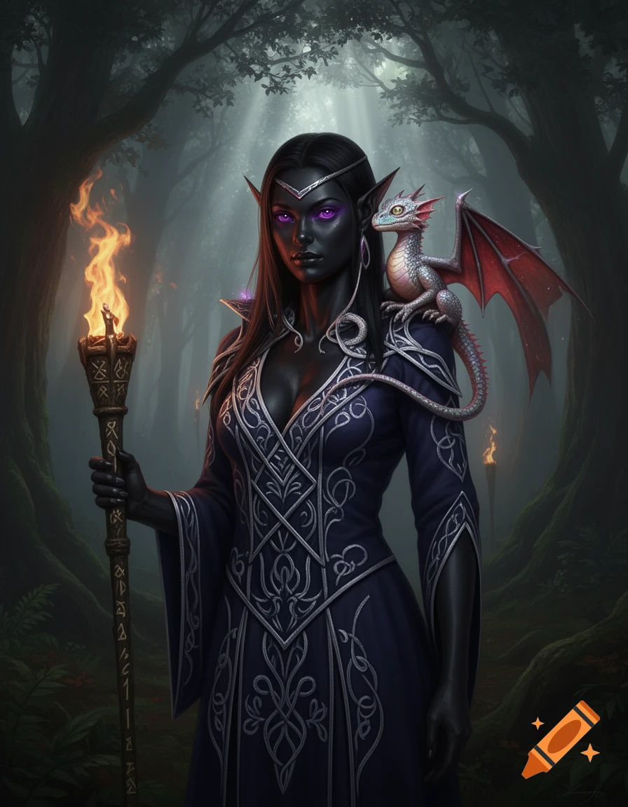 A dark elf woman with purple eyes and long dark hair holds a flaming torch, a small dragon on her shoulder.