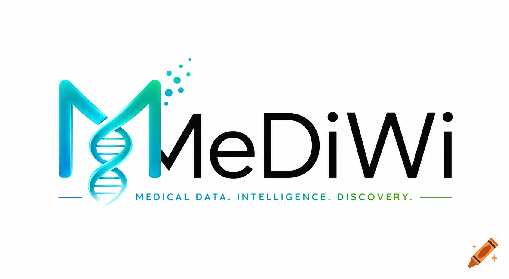 A logo with a stylized blue-green 'M' incorporating a DNA helix, next to black text 'MeDiWi' and the slogan 'MEDICAL DATA. INTELLIGENCE. DISCOVERY.' on a white background.