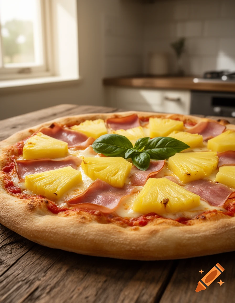 A close-up, photorealistic image of a Hawaiian pizza topped with pineapple chunks, ham, and basil, on a wooden table in a kitchen.