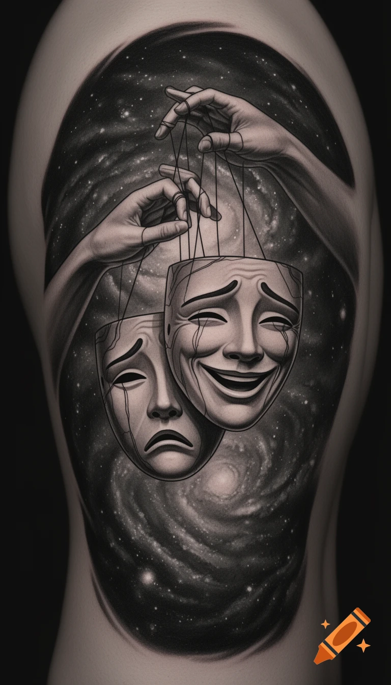 Black and gray tattoo design of hands holding comedy and tragedy masks against a cosmic background.