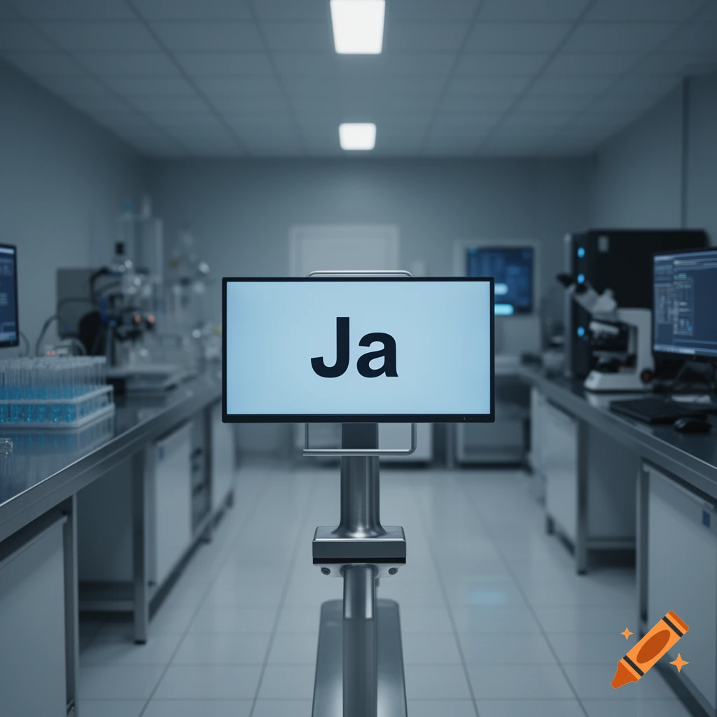 A monitor displaying 'Ja' in a clean, brightly lit laboratory with scientific equipment on metallic counters.