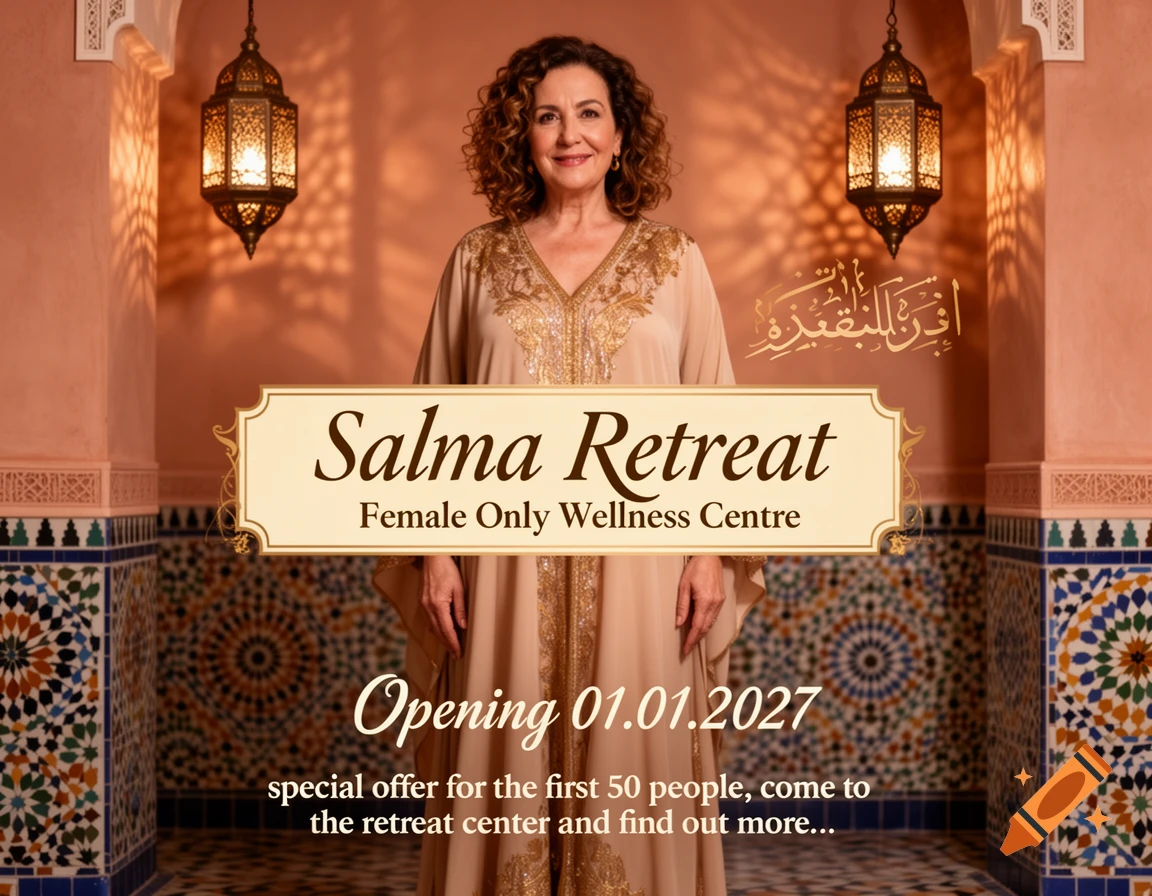 A smiling woman in a flowing beige and gold dress stands in a Moroccan-style wellness retreat. Text overlay advertises "Salma Retreat Female Only Wellness Centre" with an opening date and special offer.