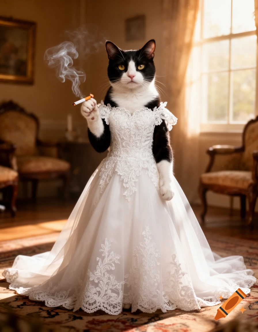 A black and white tuxedo cat in a white lace wedding dress smokes a cigarette, emitting smoke in an opulent room.