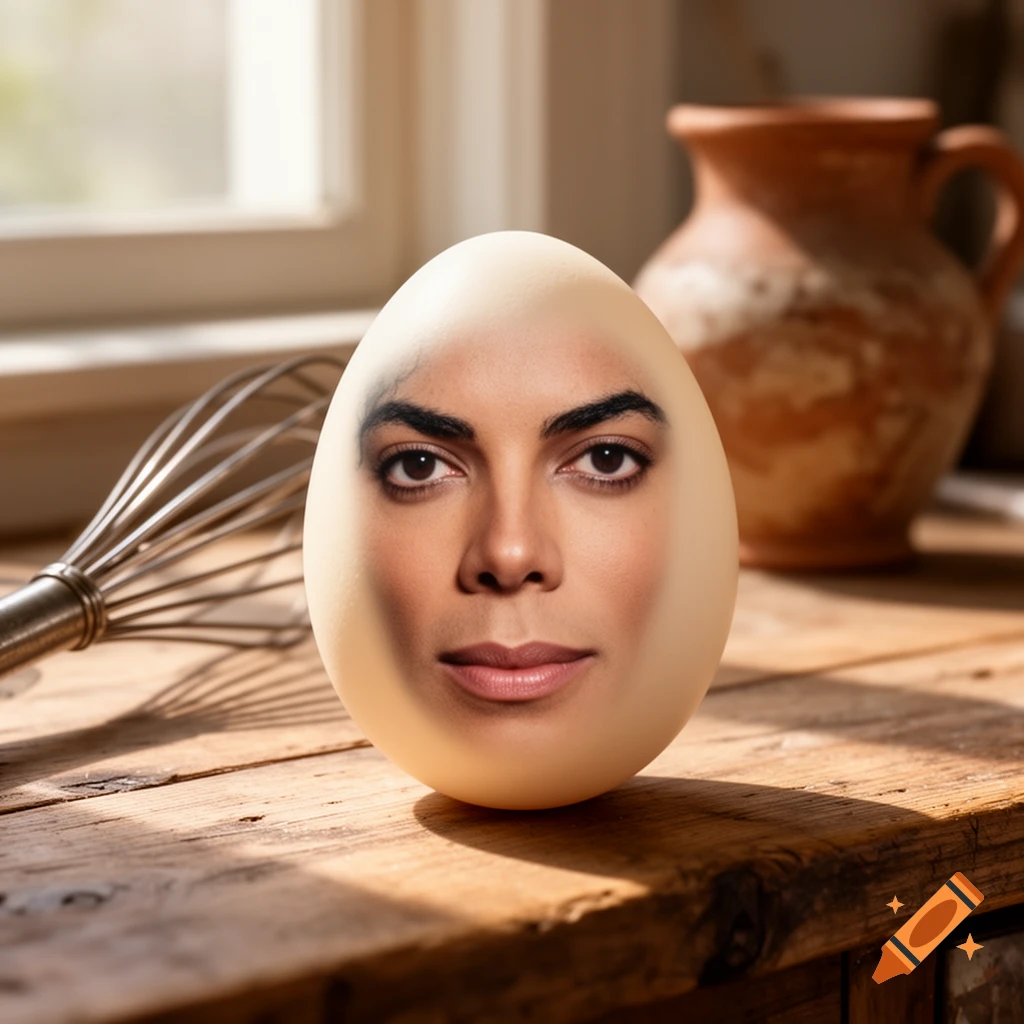 Photorealistic image of an egg with Michael Jackson's face on it, sitting on a wooden table in a kitchen.