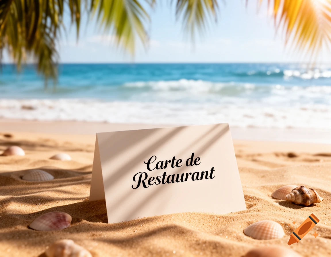 A white menu card with 'Carte de Restaurant' on a sandy beach with seashells, ocean, and palm trees. Photorealistic.