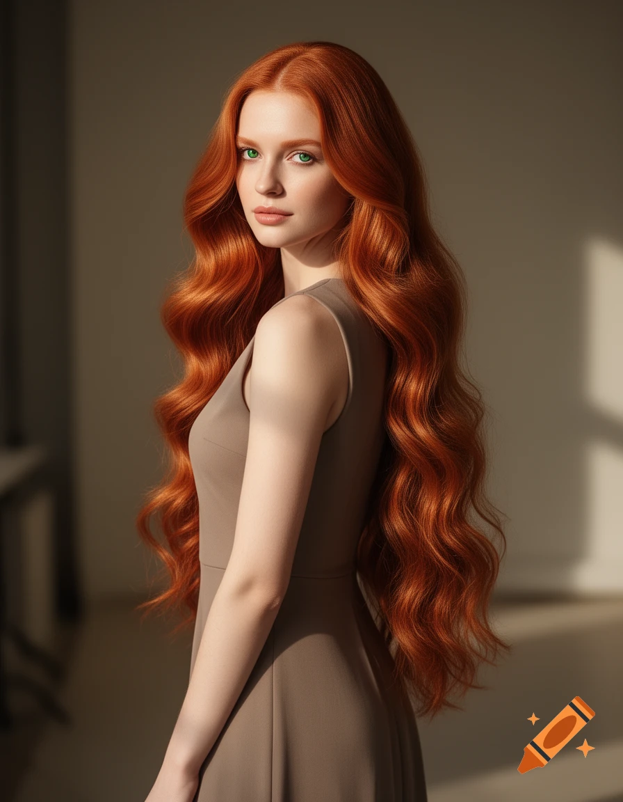 Photorealistic portrait of a ginger woman with long, wavy red hair and green eyes, wearing a taupe dress, looking over her shoulder.