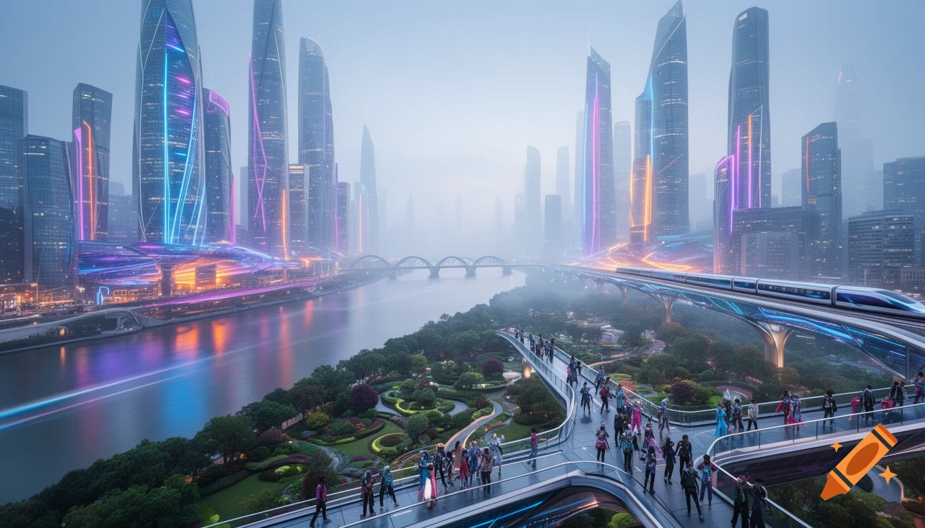 A vibrant, futuristic cityscape with neon-lit skyscrapers, a river, a train on an elevated track, and people on a pedestrian bridge.
