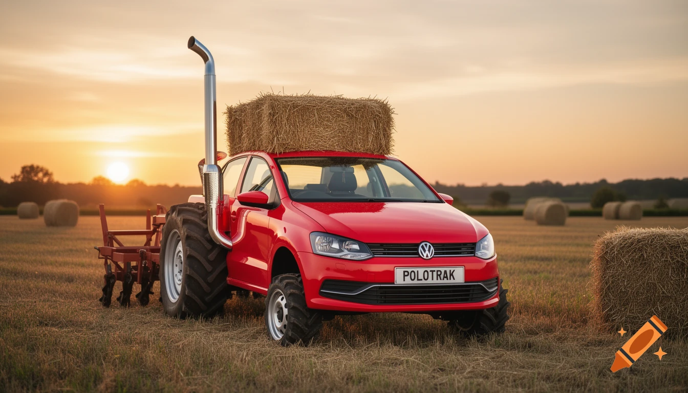 Red VW Polo modified into a tractor, with huge rear wheels, a tall exhaust, and hay on the roof, in a field at sunset.