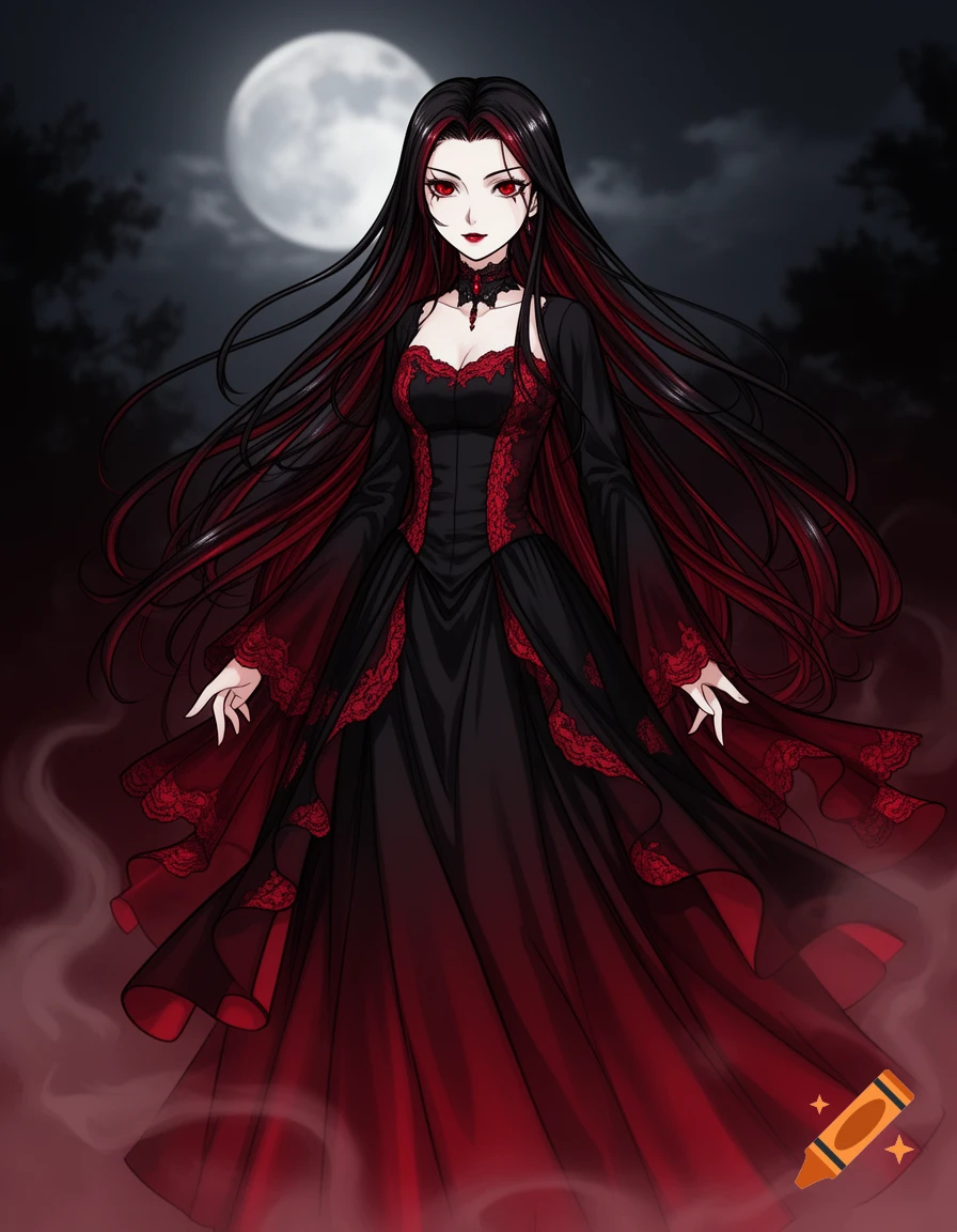 An anime-style vampire woman with long black and red hair, red eyes, and a black and red gothic dress standing under a full moon.