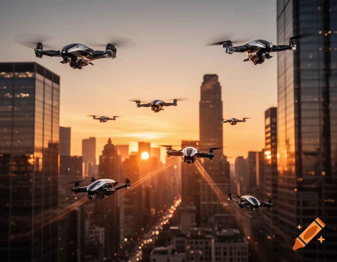 Multiple sleek drones fly in formation over a city skyline at sunset, with tall buildings silhouetted against an orange sky.