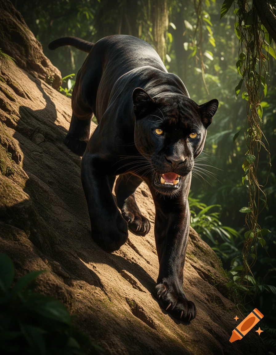 A majestic black panther with glowing yellow eyes, mouth slightly open, descends a textured, sunlit tree trunk in a lush jungle.
