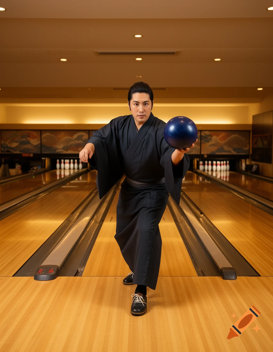 A man in a black kimono holds a blue bowling ball, standing on a wooden lane in a bowling alley, ready to bowl.