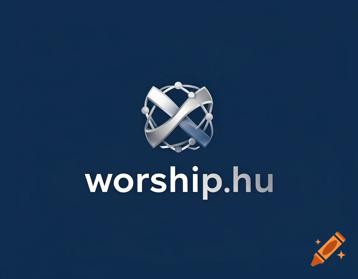 A metallic silver and blue abstract logo above the text 'worship.hu' on a dark blue background.