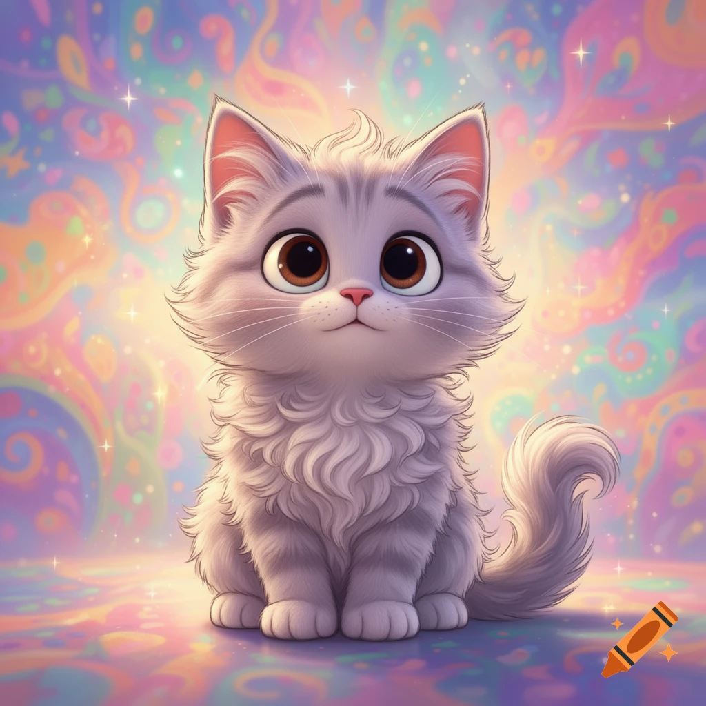 A cute fluffy grey cartoon cat with big brown eyes sits against a vibrant, swirling, colorful background with sparkles.