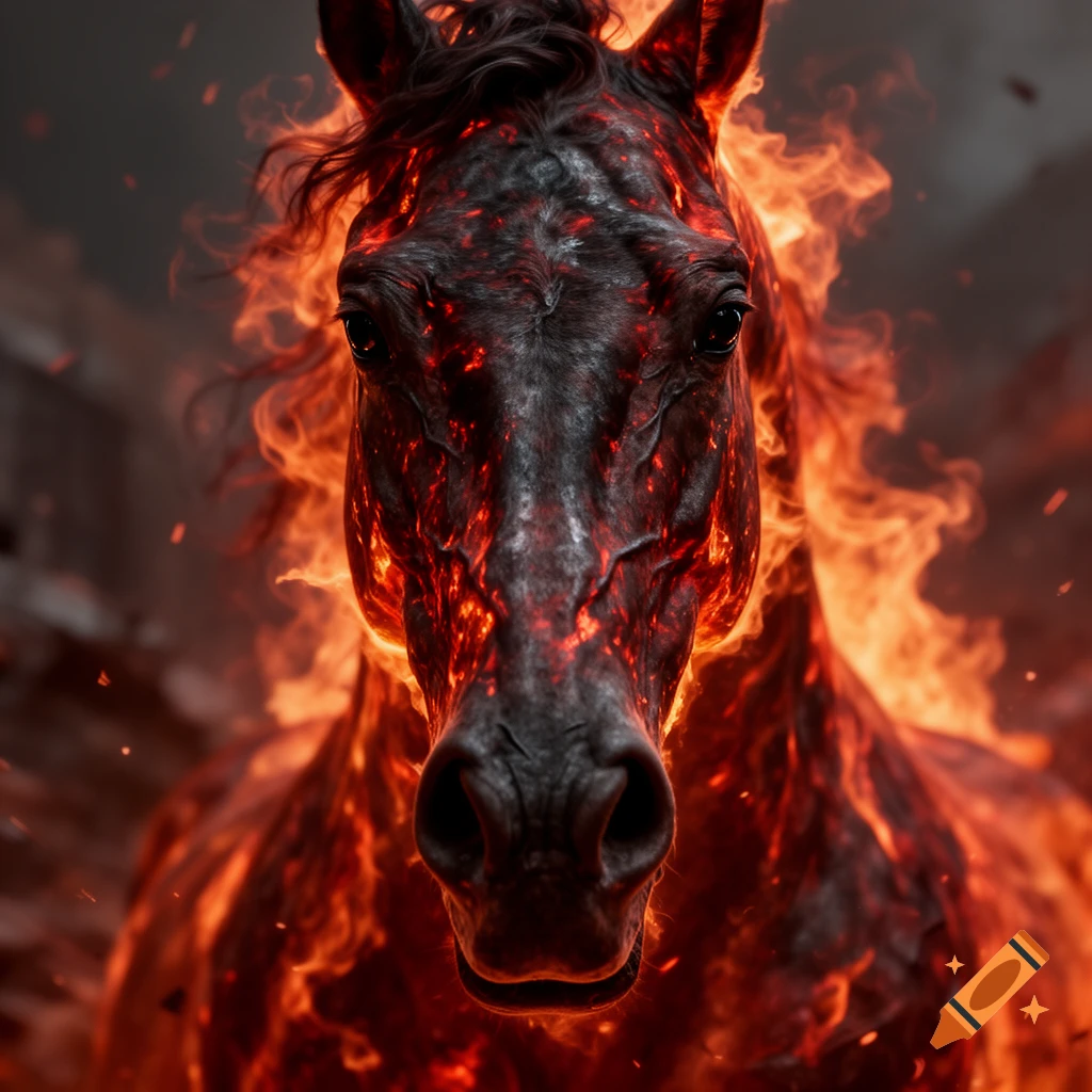 Close-up, front view of a fiery horse with dark, intense eyes and embers glowing on its body, in a dramatic, photorealistic style.