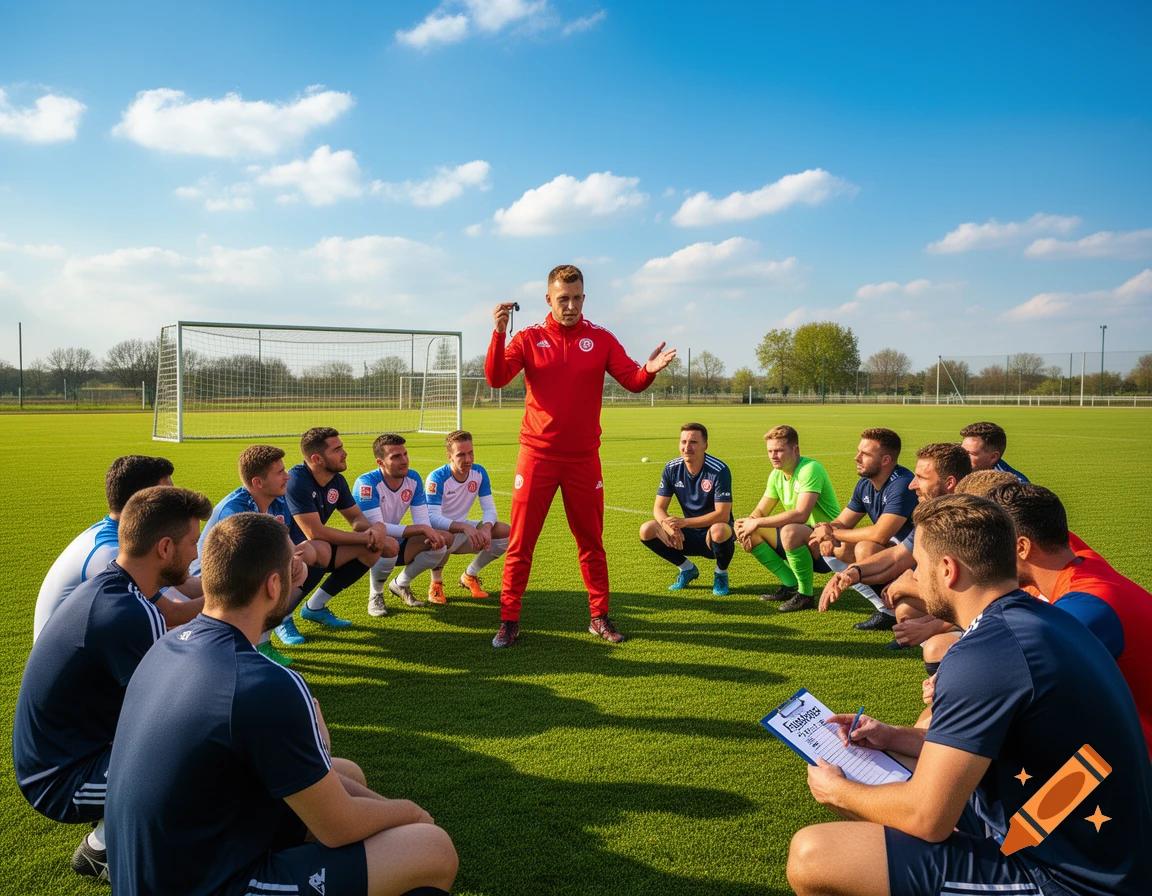 A soccer coach in a red tracksuit addresses his team sitting in a circle on a green field under a blue sky.