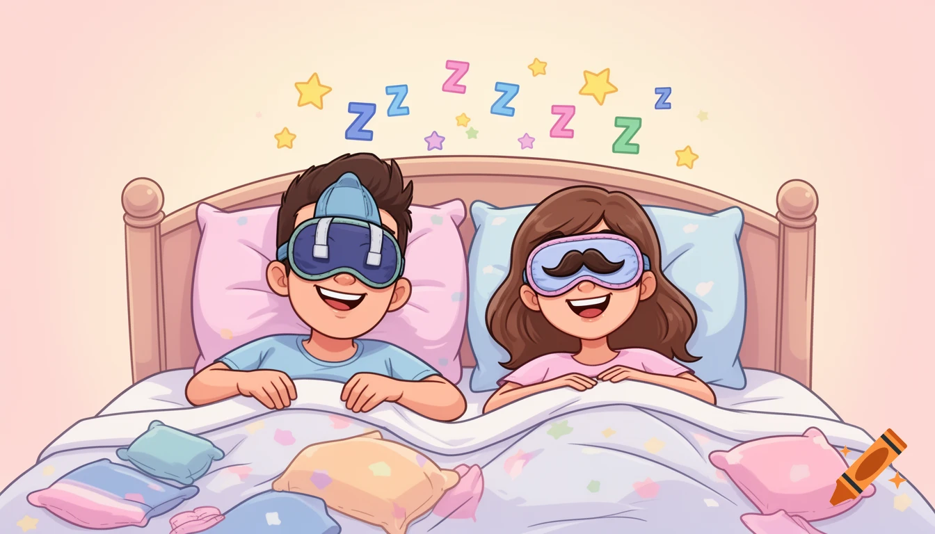 Cartoon man and woman in bed with sleep masks, 'Zzz' symbols and stars float above, creating a cheerful atmosphere.