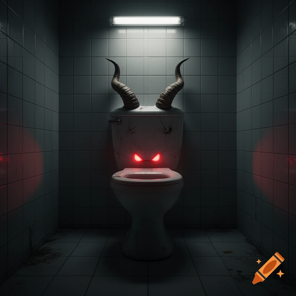 A toilet with ram-like horns and glowing red eyes sits in a dark, grimy tiled bathroom.