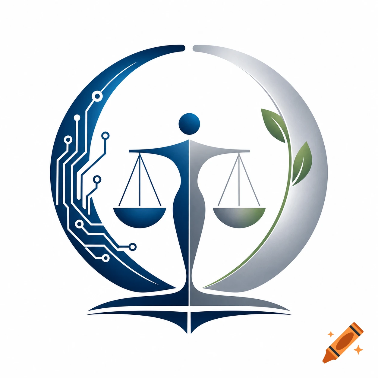 A stylized logo featuring a human figure holding scales. One side incorporates a blue circuit board pattern, and the other has green leaves, all within a circular design.
