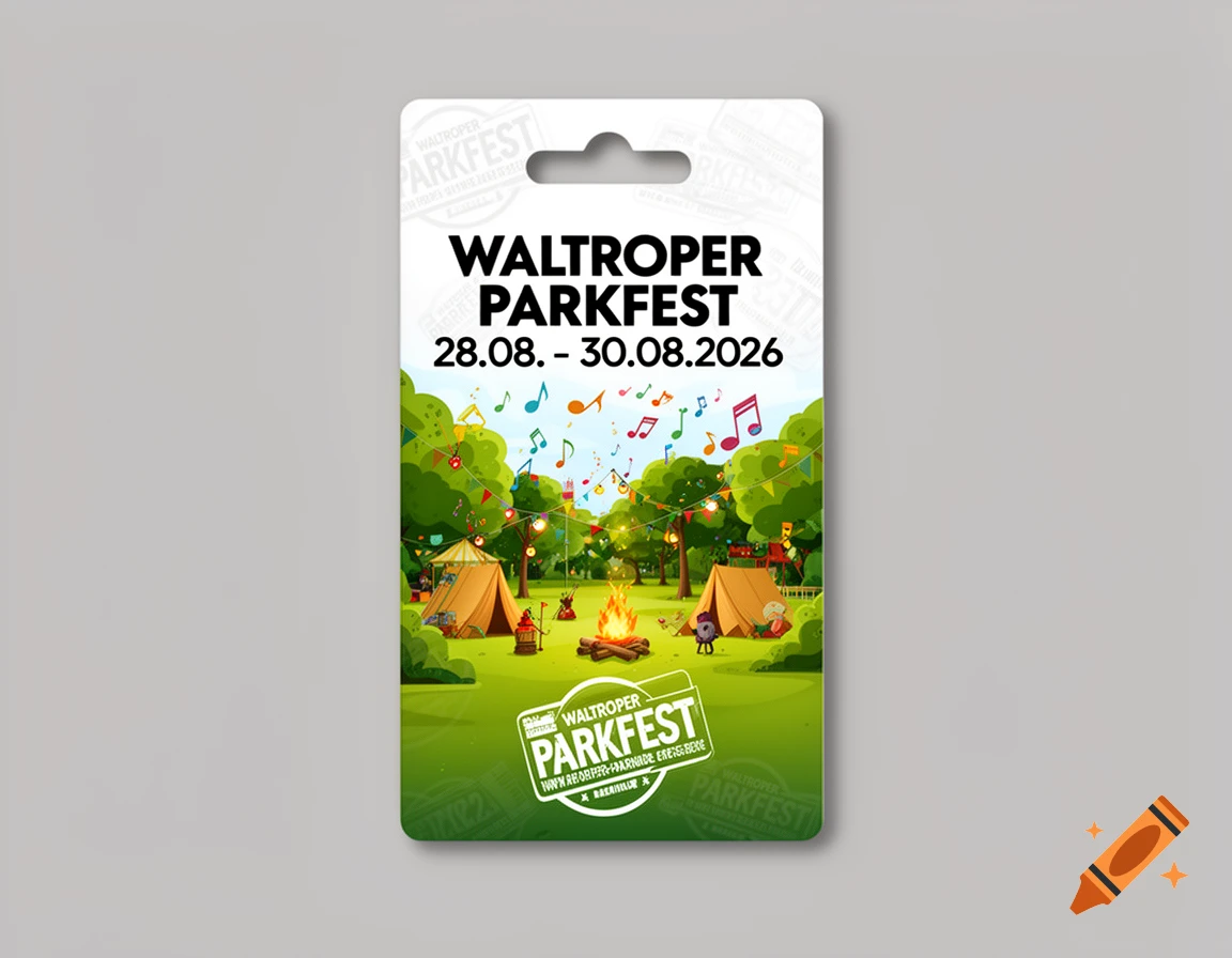 White Waltroper Parkfest 2026 festival pass with an illustration of tents, campfire, trees, and musical notes.