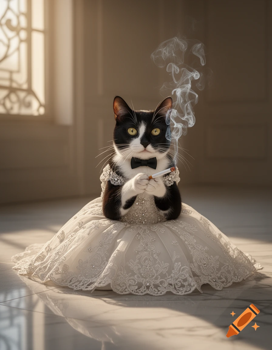 A sophisticated black and white cat in a white wedding gown, complete with a bow tie, smokes a cigarette in a grand room.