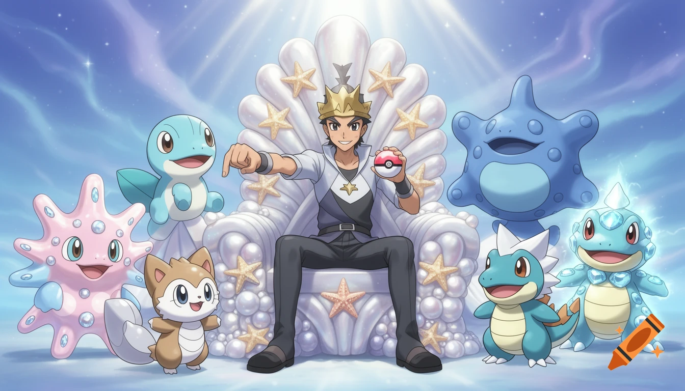 An anime-style Pokémon trainer sits on a pearly seashell throne, holding a Pokéball and pointing. Six stylized water-type Pokémon surround him.