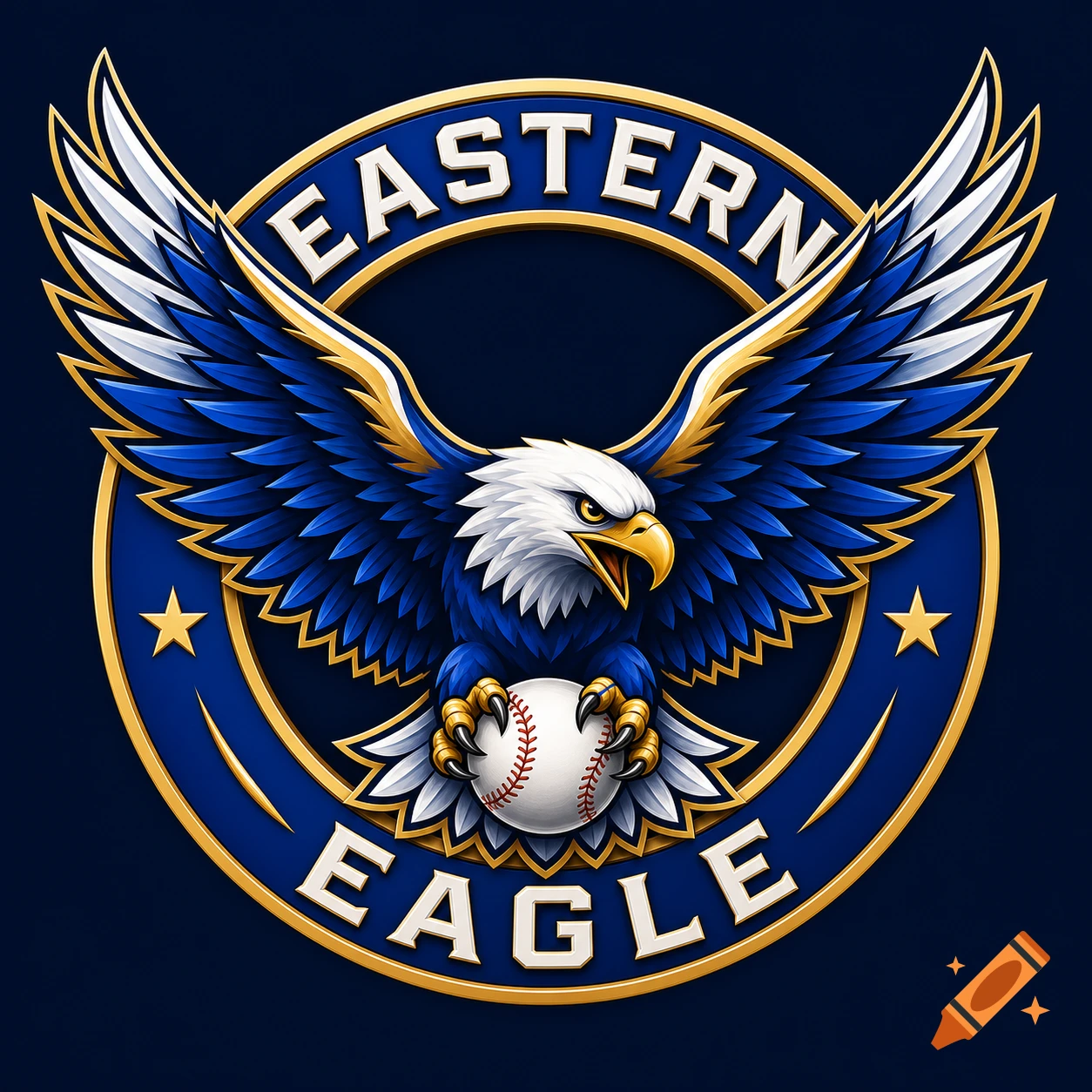 A detailed blue, white, and gold baseball logo featuring a powerful eagle gripping a baseball, with 'EASTERN' and 'EAGLE' text.