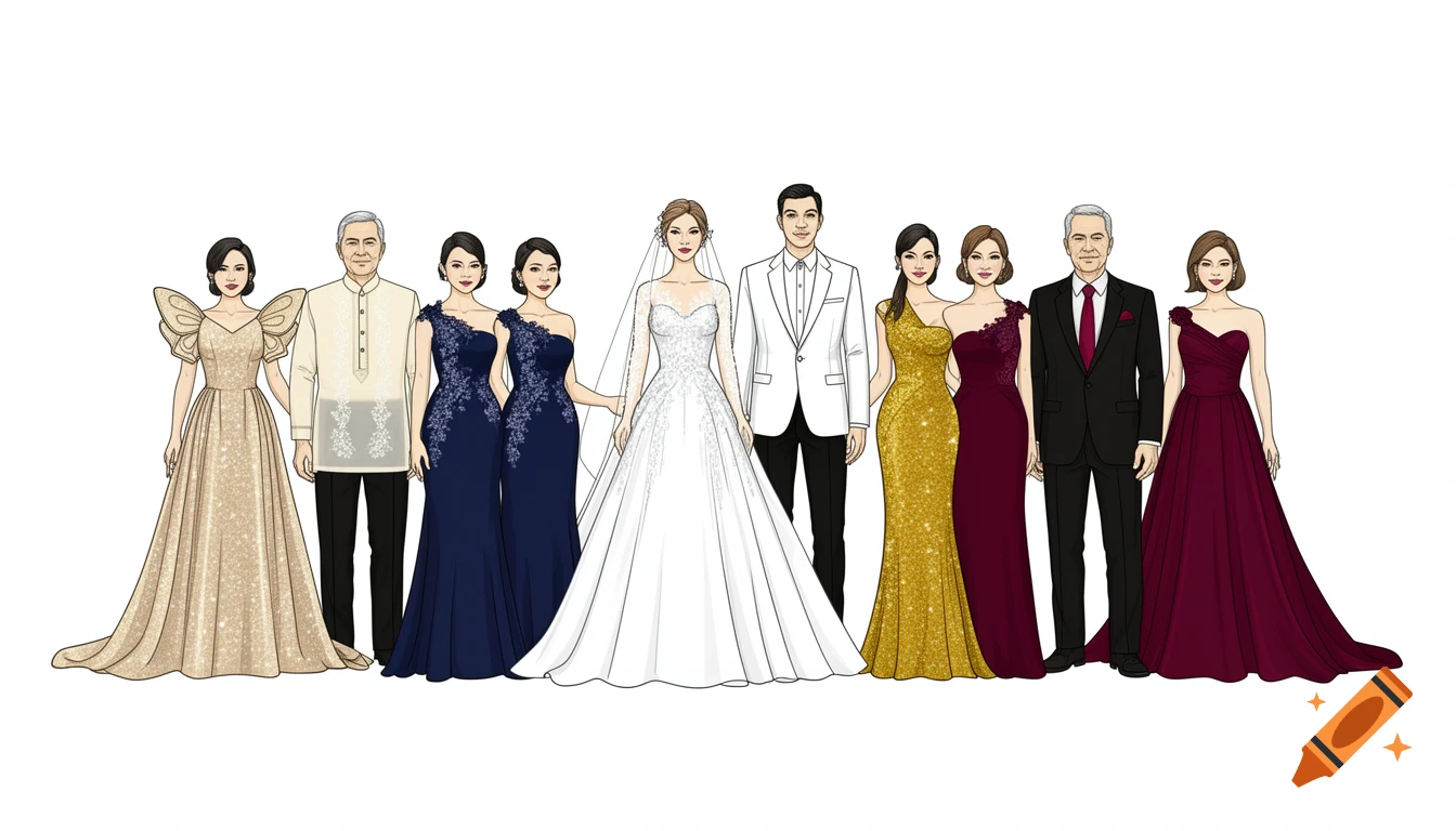 Flat vector illustration of a diverse wedding family lineup, bride and groom centered, flanked by family in formal gowns and Barong Tagalogs.