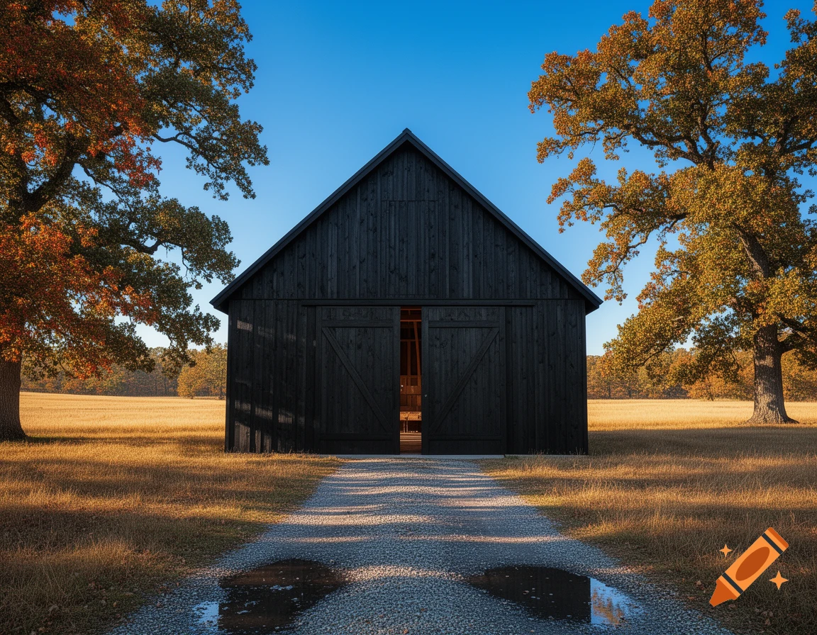 A photorealistic image of a black barn in a golden field with autumn trees under a blue sky, a gravel path leading to its open doors.