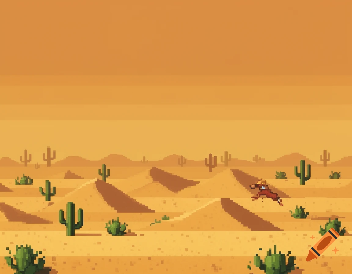 A 2D pixel art desert scene with sand dunes, cacti, and a running brown animal, in a retro video game style.