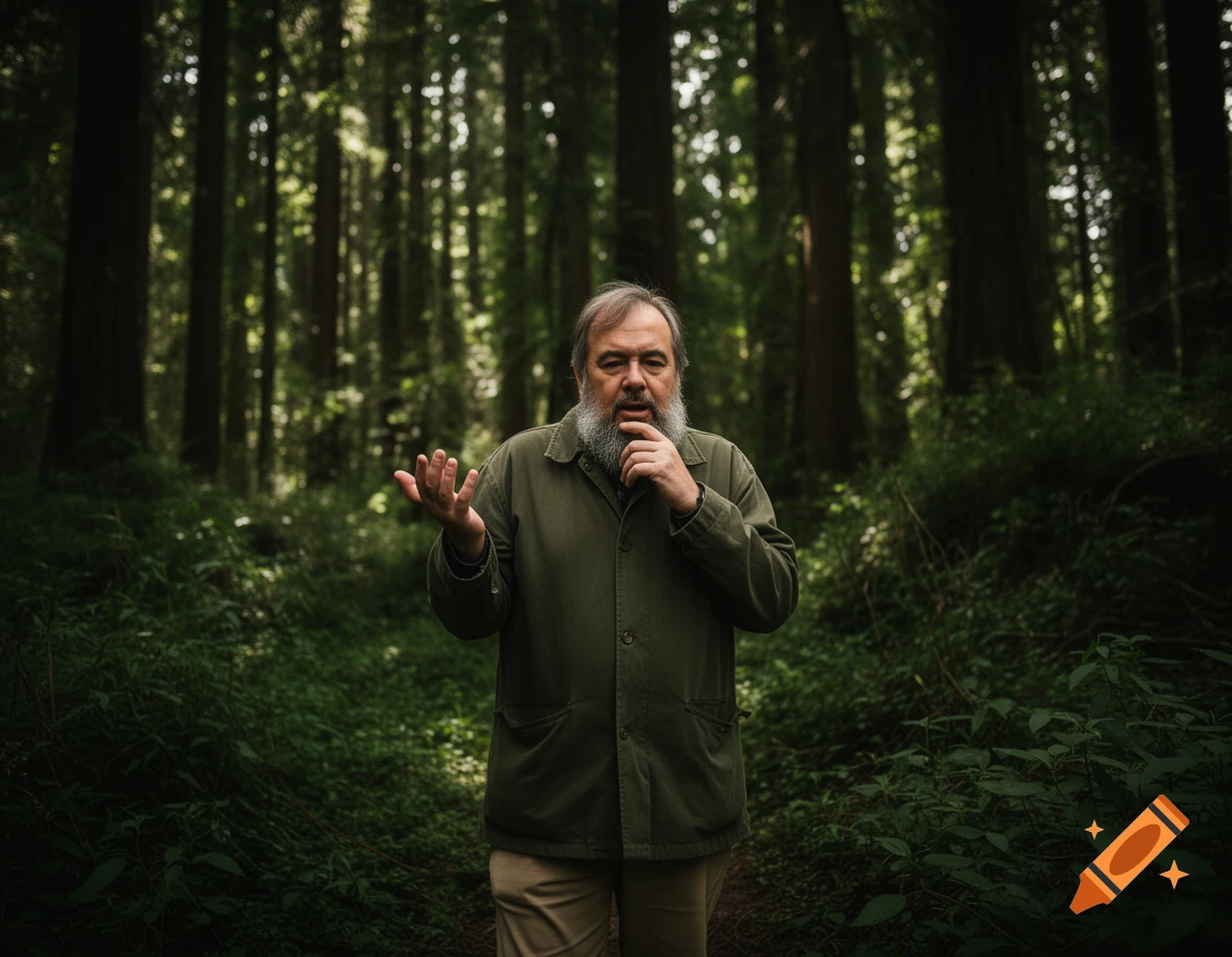 A bearded man in an olive green jacket and tan pants stands in a dense, dark green forest, looking thoughtful.
