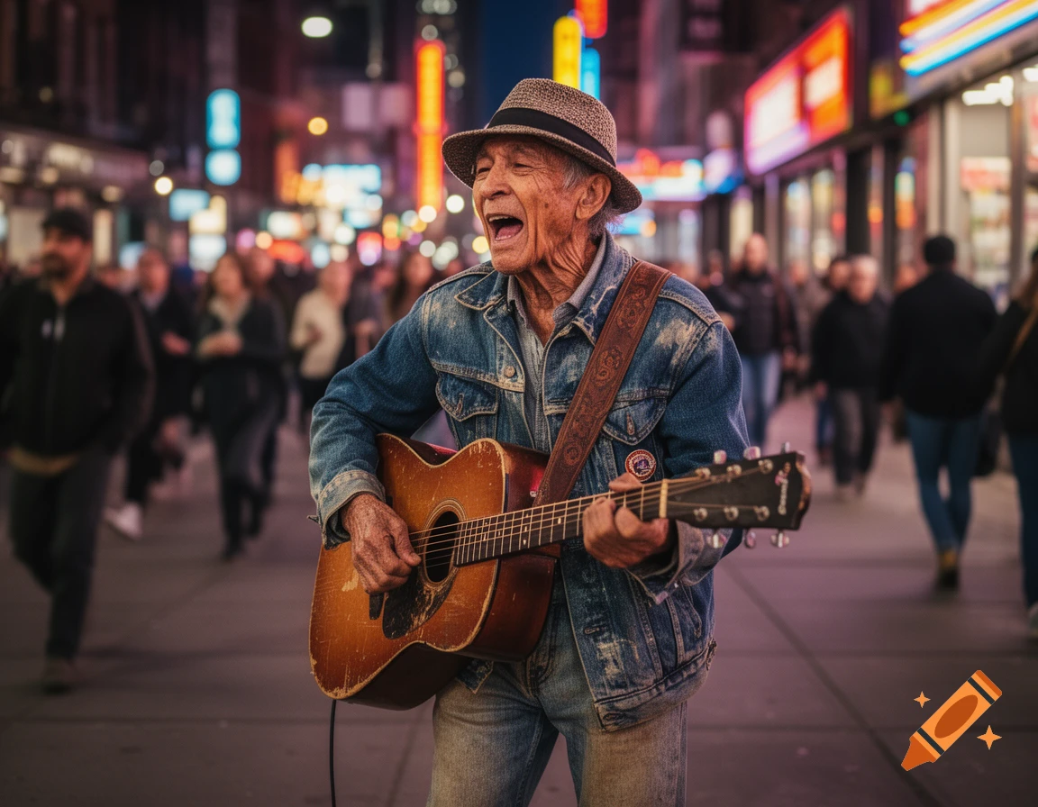 An old man in a straw hat and denim jacket sings while playing an acoustic guitar on a bustling city street at night.