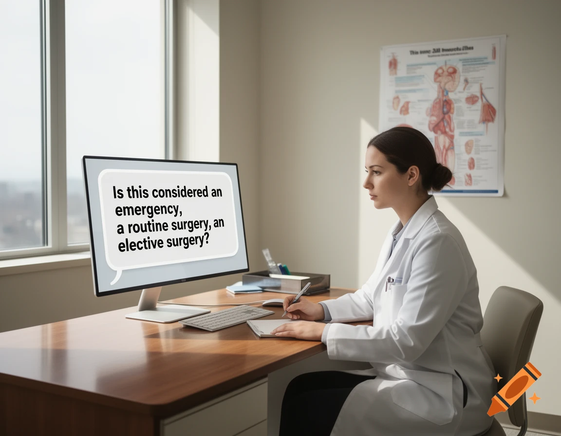 A female doctor in a white lab coat sits at a desk, looking at a monitor displaying a question about surgery types.