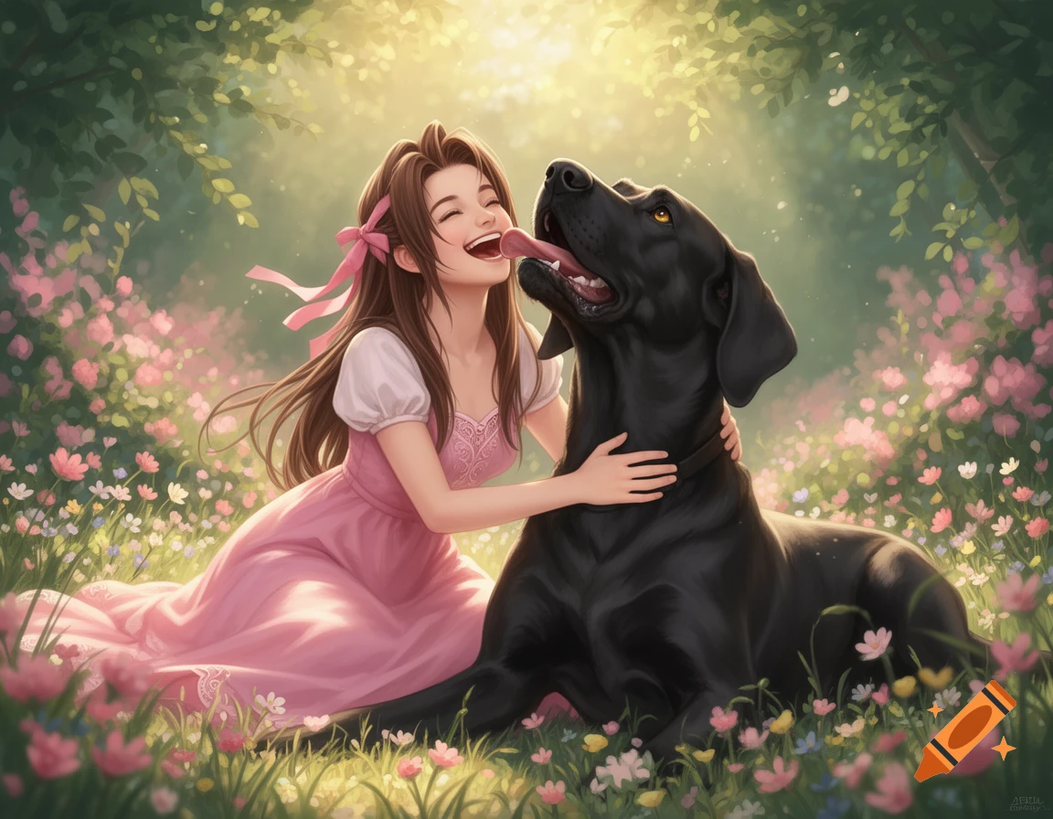 A woman laughs as a black dog licks her face in a vibrant flower field, sunny anime style.