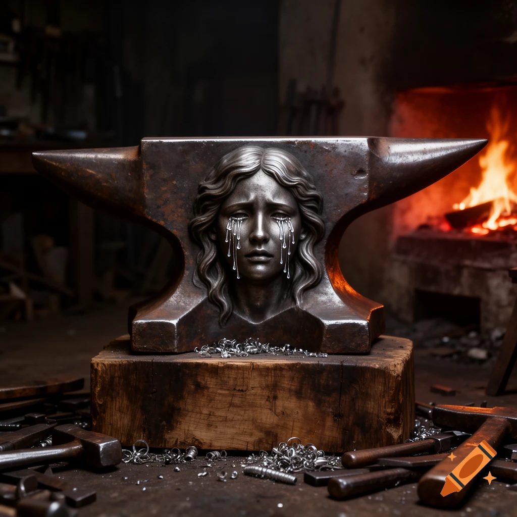 A metal anvil features a carved weeping woman's face, surrounded by blacksmith tools in a workshop with a fiery forge in the background.